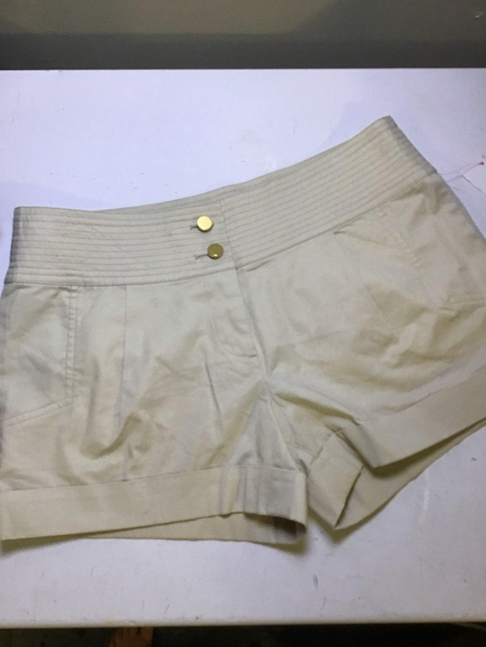 Tory Burch Cream High-Waist Ribbed Band Shorts with Gold Buttons